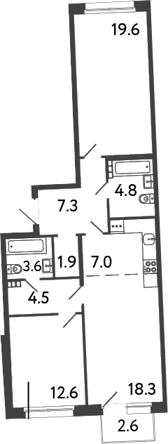 Планировка: Евротрёшка 79,6 м² в ЖК «Цвет Зеленогорска»