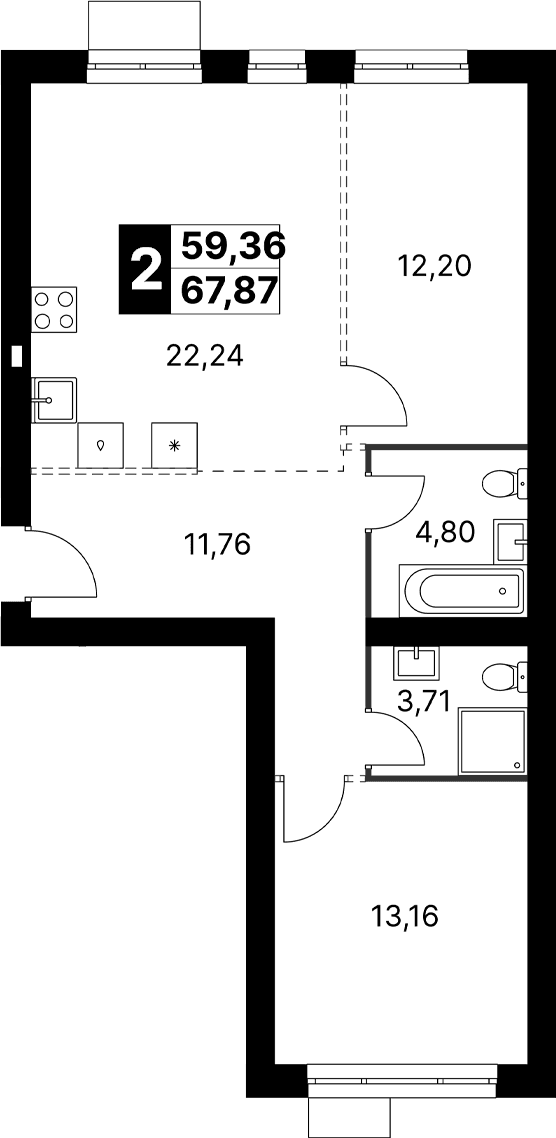 Планировка: Евротрёшка 67,9 м² в ЖК «Апрелевка Клаб»