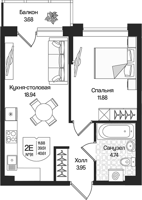 Планировка: Евродвушка 39,5 м² в ЖК «Охтинские высоты»