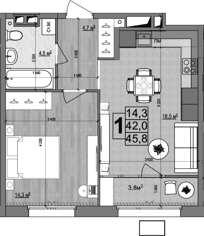 Планировка: Евродвушка 42 м² в ЖК «Гранд Комфорт 2»