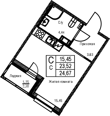 Планировка: Студия 23,5 м² в ЖК «ID Kudrovo II»