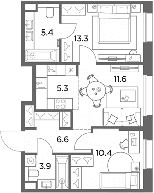 Планировка: Евротрёшка 56,5 м² в ЖК «Станиславский»