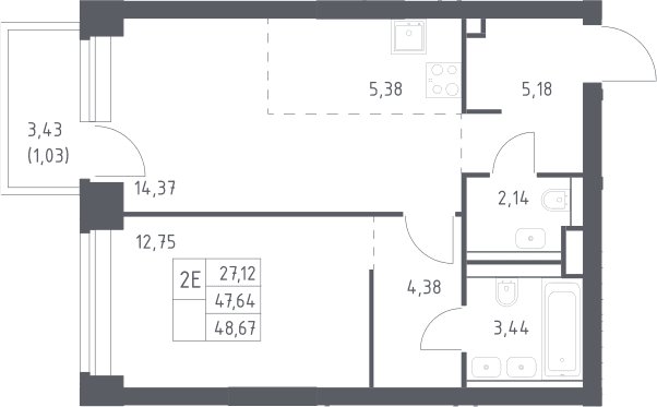 Планировка: Евродвушка 47,6 м² в ЖК «НОВА»