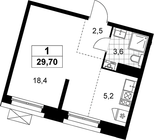 Планировка: Студия 29,7 м² в ЖК «Прокшино»