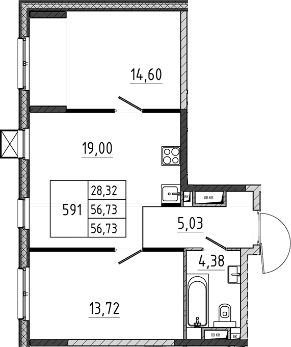 Планировка: Евротрёшка 56,7 м² в ЖК «Поварово-Молодежный-2»