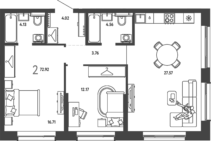 Планировка: 2-комнатная квартира 72,9 м² в ЖК «Страна.Парковая»