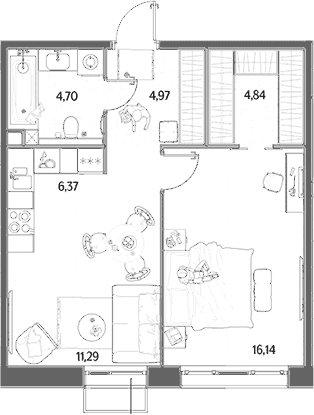 Планировка: Евродвушка 48,3 м² в ЖК «МЫС»