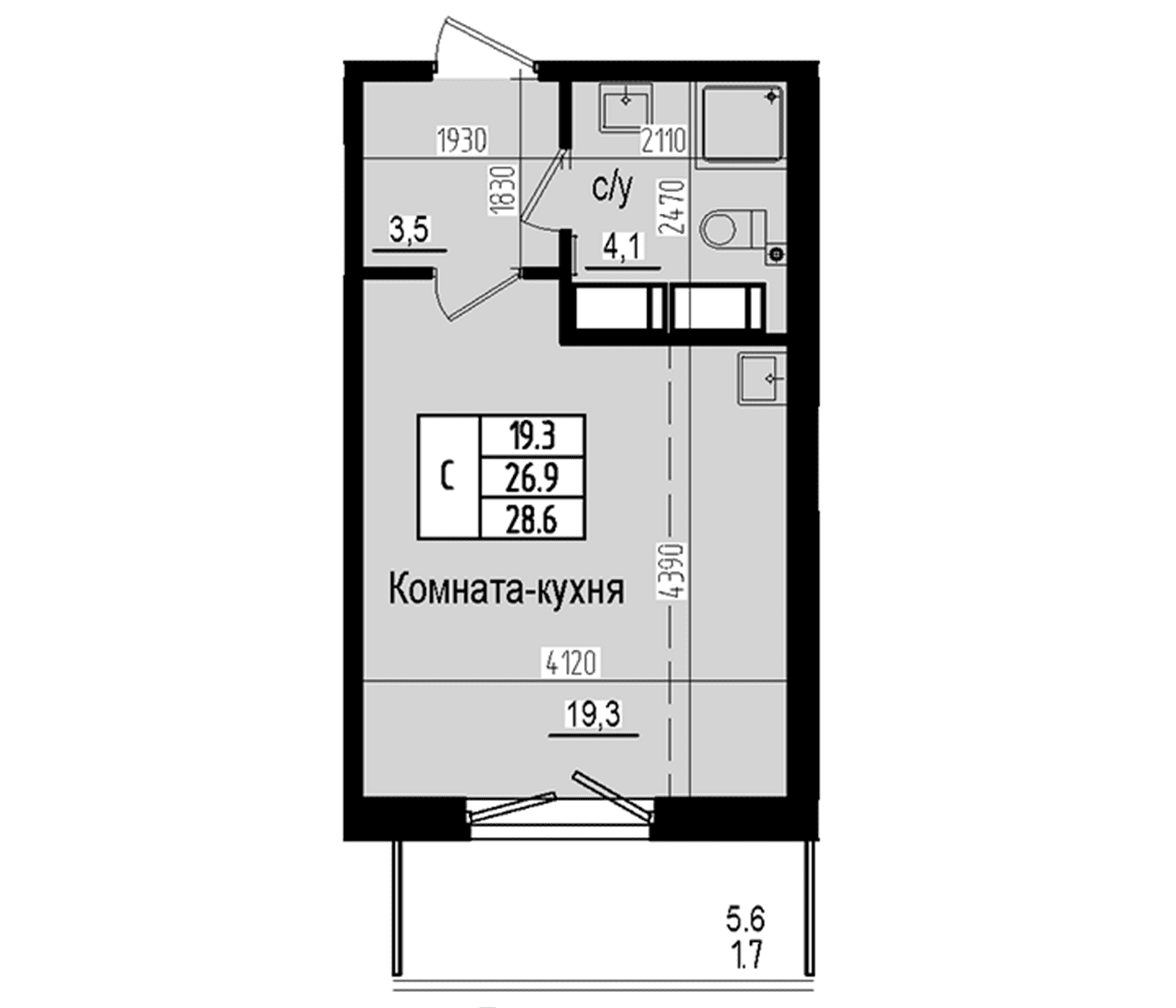 Планировка: Студия 26,9 м² в ЖК «Прагма Сити»