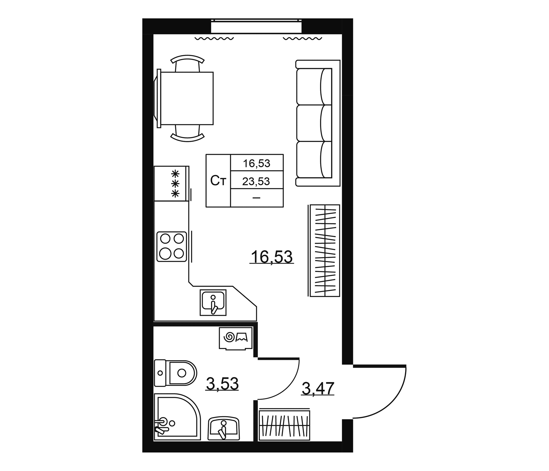Планировка: Студия 23,5 м² в ЖК «Пулковское, 34»