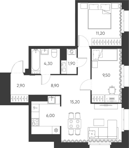 Планировка: Евротрёшка 59,9 м² в ЖК «Моисеенко, 10»