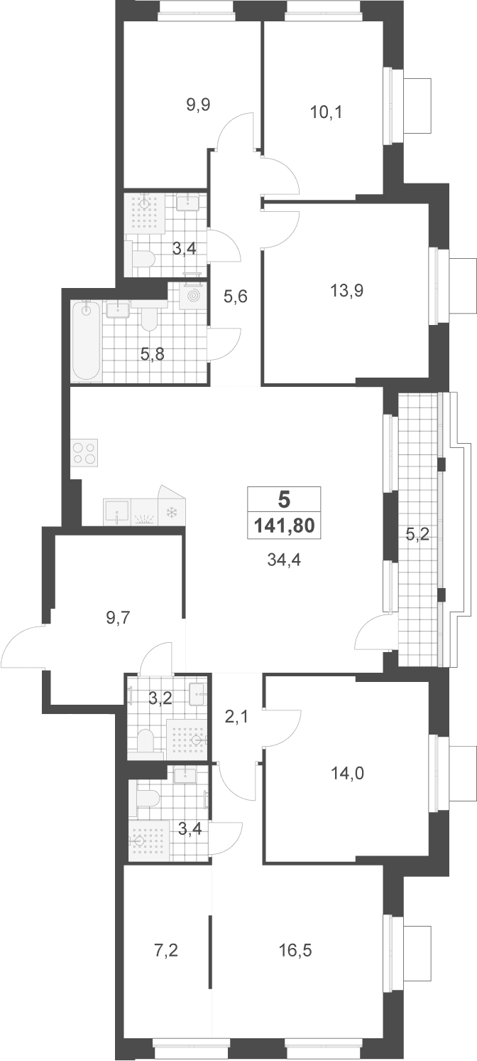 Планировка: 5-комнатная квартира 139,2 м² в ЖК «Деснаречье»