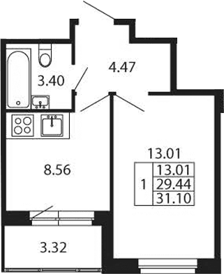 Планировка: 1-комнатная квартира 29,4 м² в ЖК «Полис Новоселье»