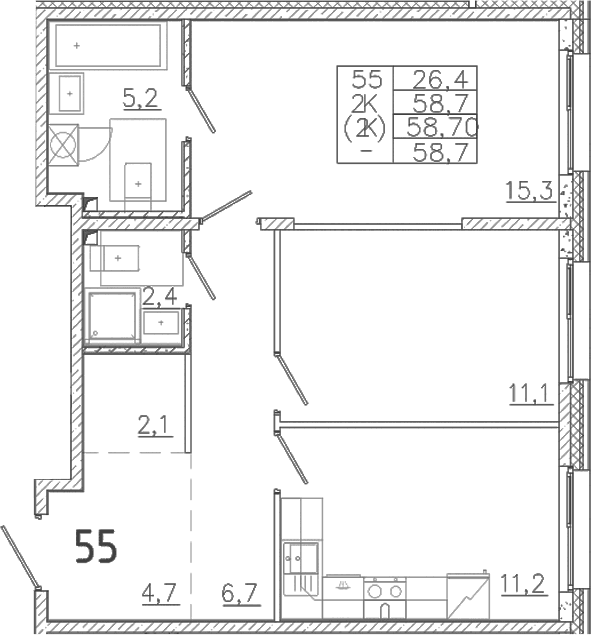 Планировка: 2-комнатная квартира 58,7 м² в ЖК «Лисино»