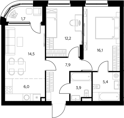 Планировка: Евротрёшка 66,7 м² в ЖК «Адмирал»