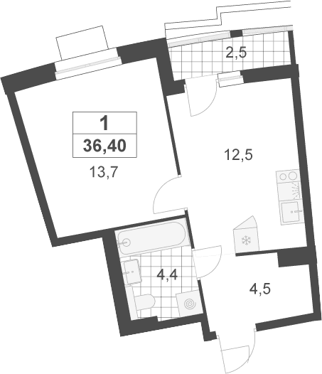 Планировка: 1-комнатная квартира 35,2 м² в ЖК «Деснаречье»