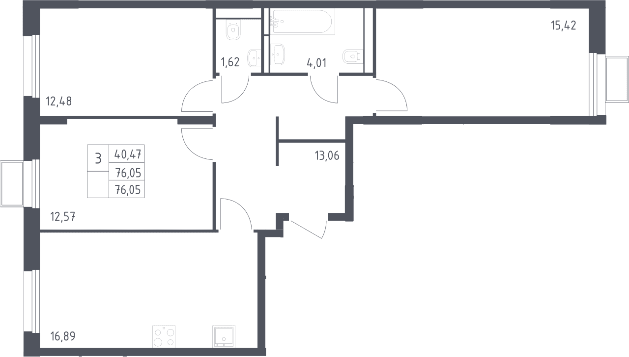 Планировка: 3-комнатная квартира 76,1 м² в ЖК «Квартал Строгино»