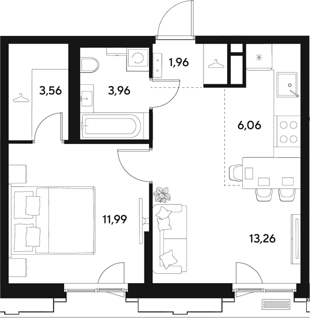 Планировка: Евродвушка 40,8 м² в ЖК «ЭВО»