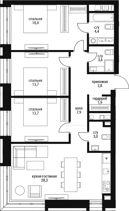 Планировка: Квартира евро-4 97,7 м² в ЖК «Шелепиха»