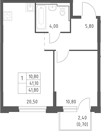Планировка: Евродвушка 41,1 м² в ЖК «Химки Парк»