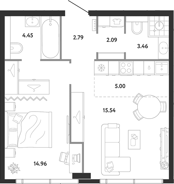 Планировка: 1-комнатная квартира 48,3 м² в ЖК «Ридж»