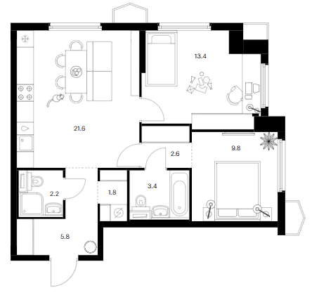 Планировка: 2-комнатная квартира 60,6 м² в ЖК «Бусиновский парк»