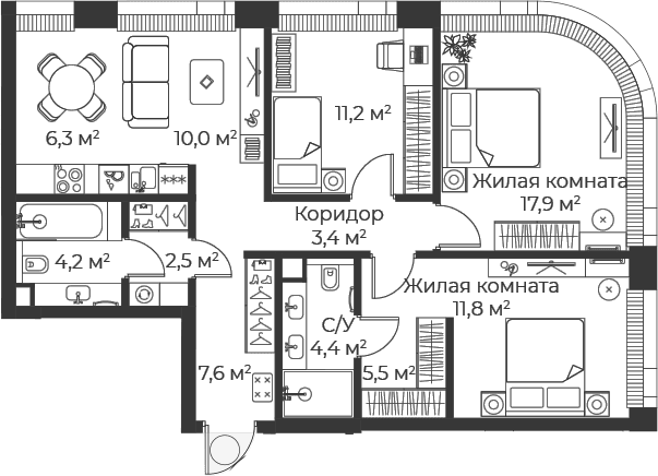 Планировка: Квартира евро-4 84,8 м² в ЖК «Веер»