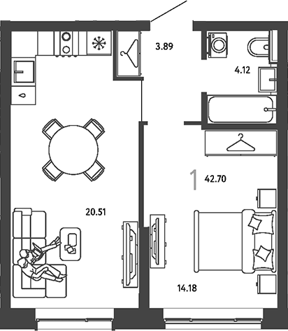 Планировка: 1-комнатная квартира 42,7 м² в ЖК «Страна.Парковая»
