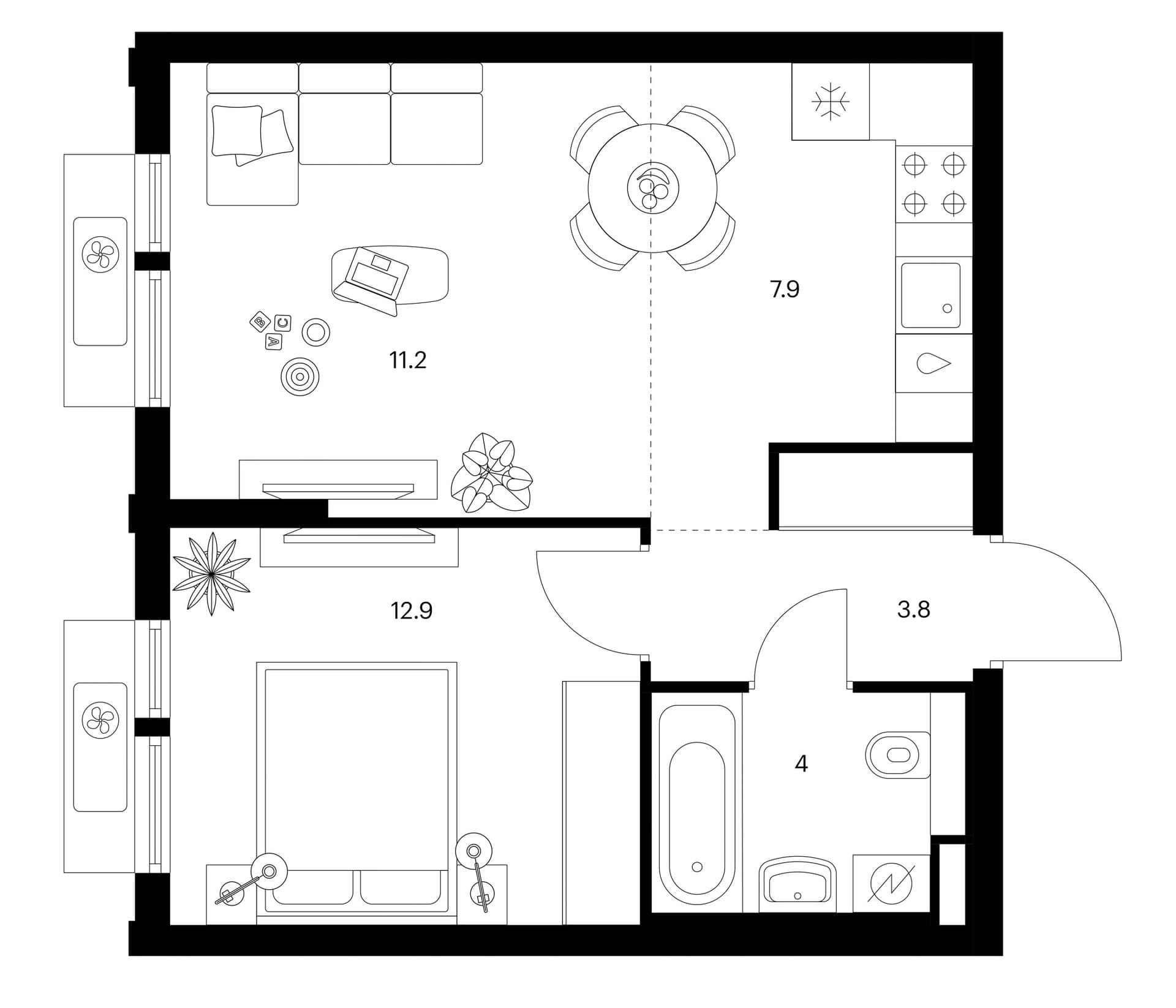 Планировка: Евродвушка 39,8 м² в ЖК «Белая Дача парк»