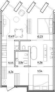Планировка: Евротрёшка 65,5 м² в ЖК «Zen»