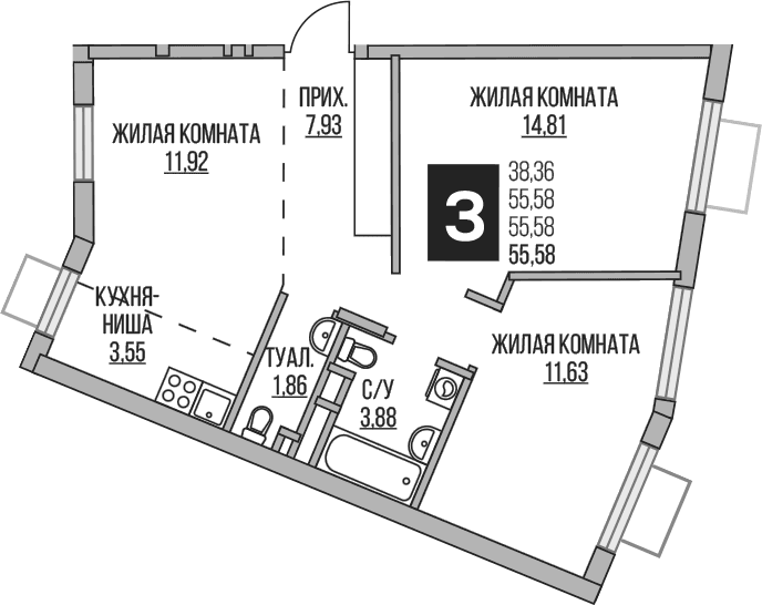 Планировка: Евротрёшка 55,6 м² в ЖК «Гранель Аникеевский»