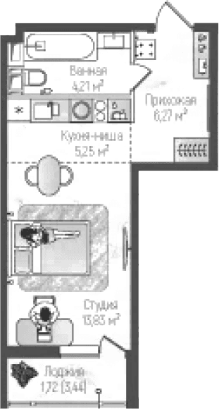 Планировка: Студия 29,6 м² в ЖК «Рига Хиллс»