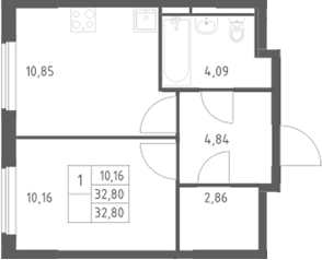 Планировка: 1-комнатная квартира 32,8 м² в ЖК «Мытищи Парк»