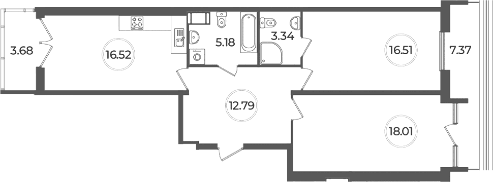 Планировка: Евротрёшка 72,4 м² в ЖК «Дуалист»