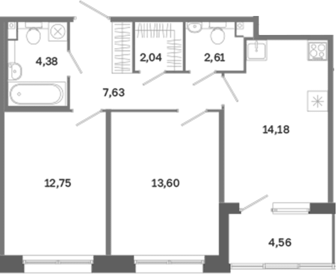 Планировка: 2-комнатная квартира 57,2 м² в ЖК «Дом на Курской»