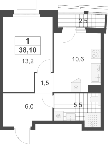 Планировка: 1-комнатная квартира 36,8 м² в ЖК «Деснаречье»