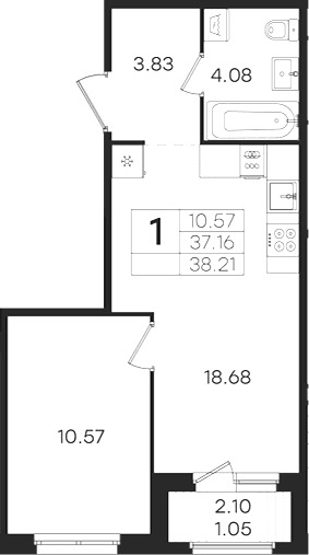 Планировка: Евродвушка 37,2 м² в ЖК «Романовка»
