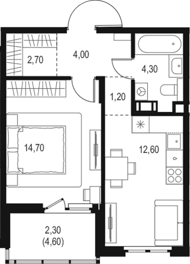 Планировка: Евродвушка 39,5 м² в ЖК «Левел Мечникова»