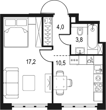 Планировка: 1-комнатная квартира 35,5 м² в ЖК «Левел Южнопортовая»