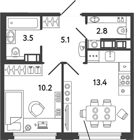 Планировка: 1-комнатная квартира 35 м² в ЖК «Гений»