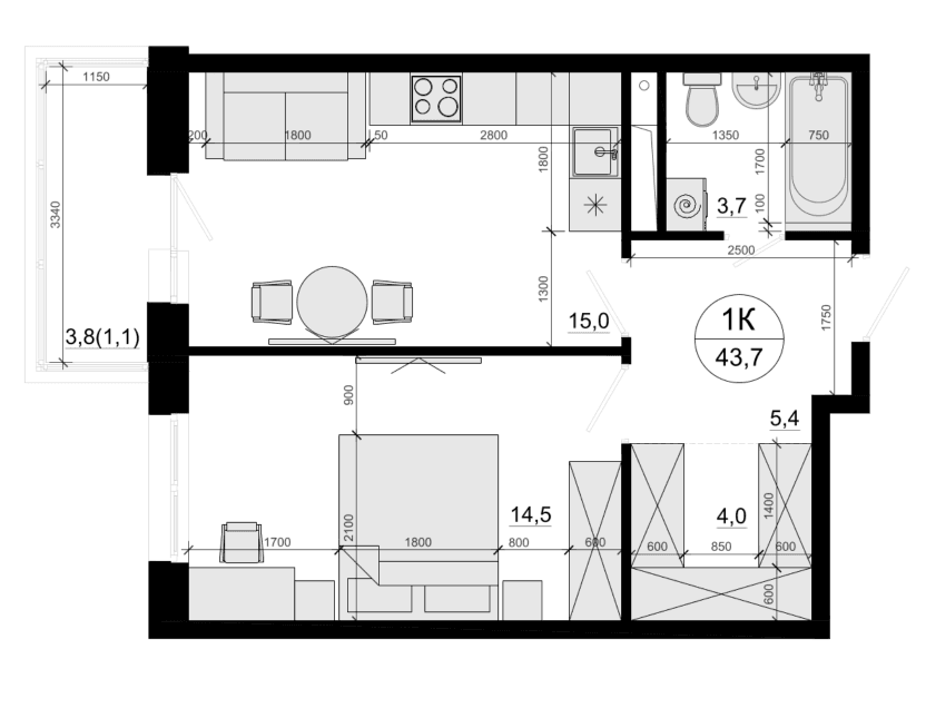 Планировка: 1-комнатная квартира 42,6 м² в ЖК «Одинцовские Кварталы Эволюция»
