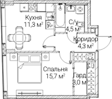 Планировка: 1-комнатная квартира 38,8 м² в ЖК «СЕЗАР БУДУЩЕЕ»