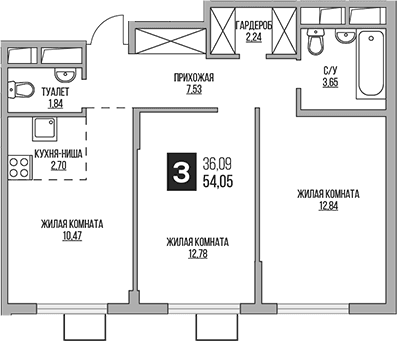Планировка: Евротрёшка 54,1 м² в ЖК «Гранель Аникеевский»