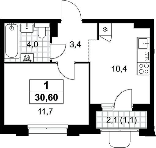 Планировка: 1-комнатная квартира 29,5 м² в ЖК «Прокшино»