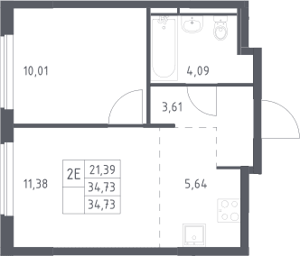 Планировка: Евродвушка 34,7 м² в ЖК «Мытищи Парк»