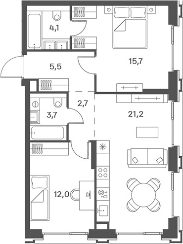 Планировка: Евротрёшка 64,9 м² в ЖК «Портленд»