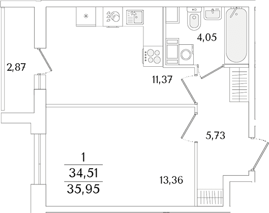 Планировка: 1-комнатная квартира 34,5 м² в ЖК «Кинопарк»