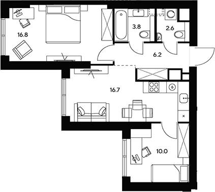 Планировка: Евротрёшка 56,1 м² в ЖК «НЕКСУС от Аквилон»