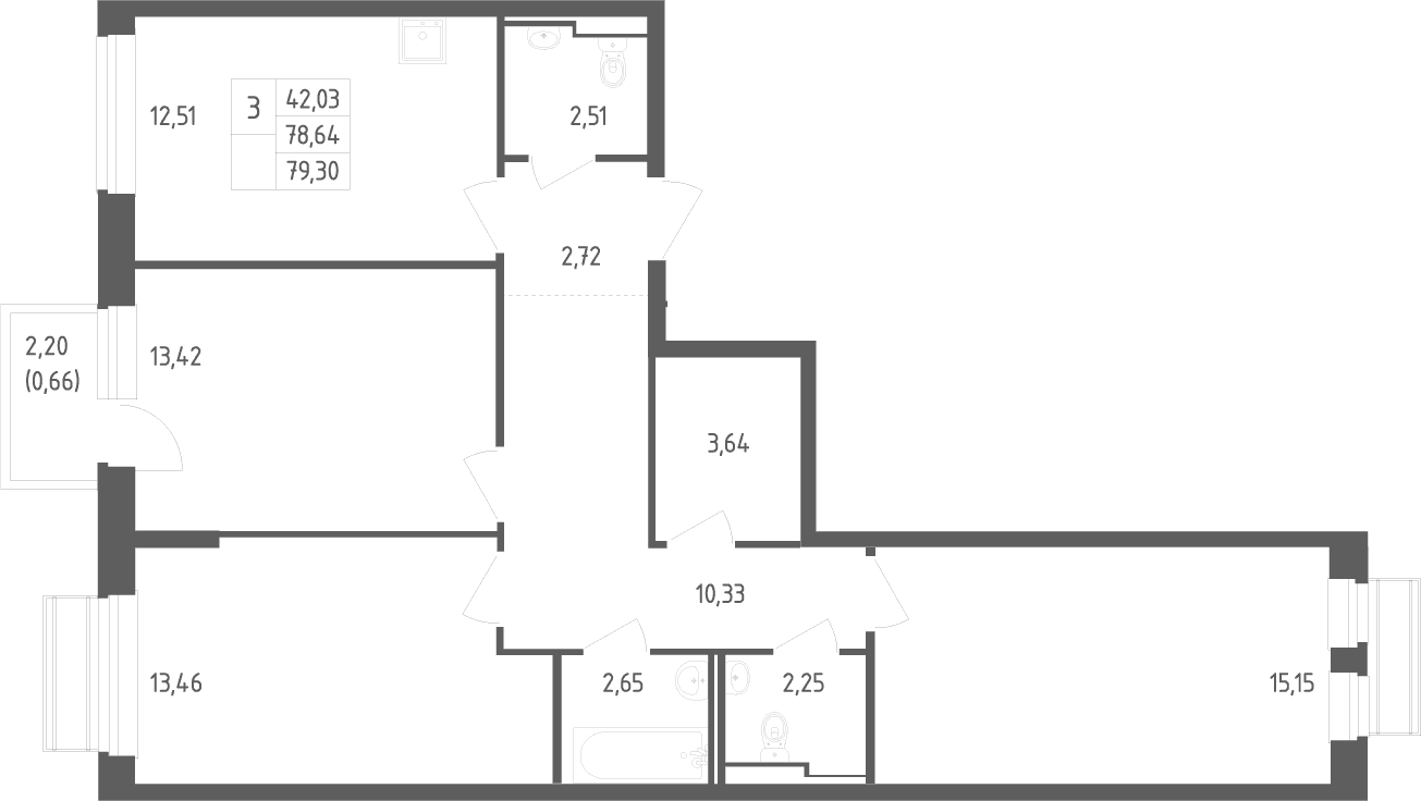 Планировка: 3-комнатная квартира 78,6 м² в ЖК «Рублевский квартал»
