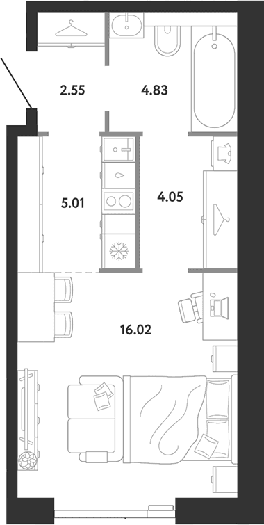 Планировка: Студия 32,5 м² в ЖК «Ридж»