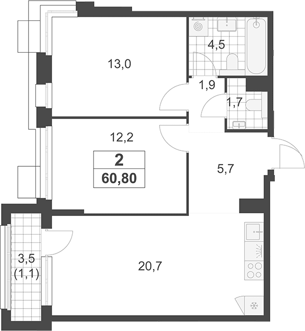 Планировка: Евротрёшка 59,7 м² в ЖК «Южные сады»